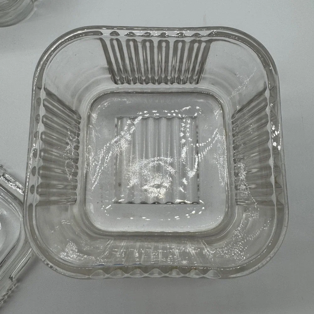 Vintage Federal Glass Refrigerator Dishes Clear Ribbed Vegetable Lid Lot 8x8 4x4